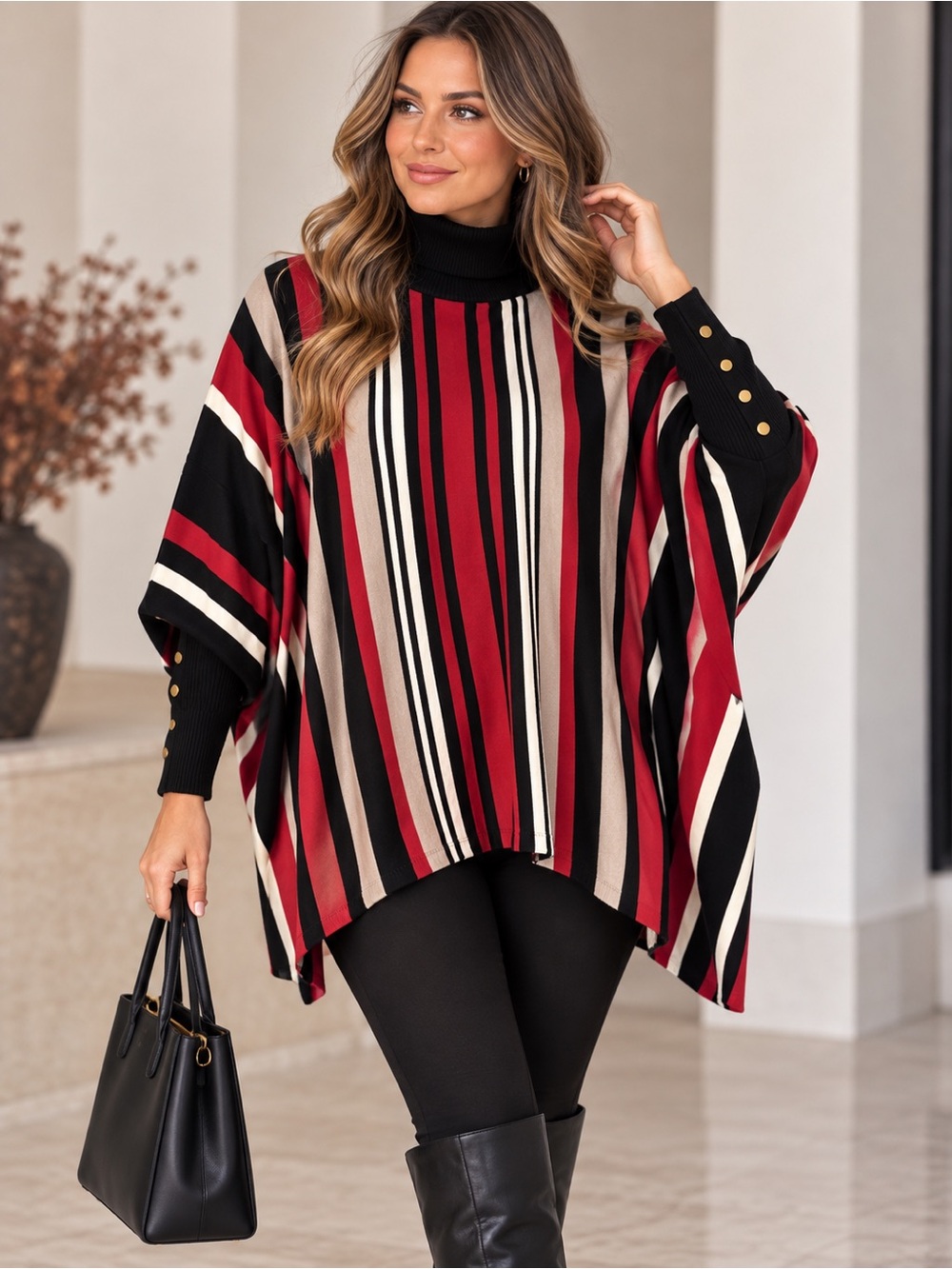 Joseph A Striped Red Black Cream Turtleneck Poncho Sweater